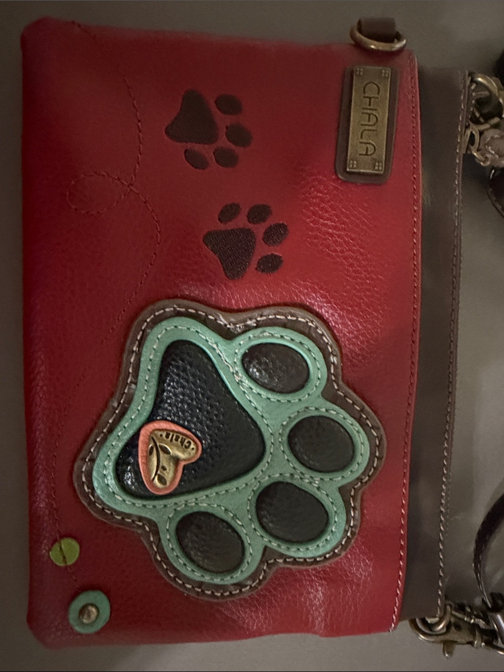 Chala Red Crossbody Paw Applique Bag with Brown Trim - Picture 3 of 6